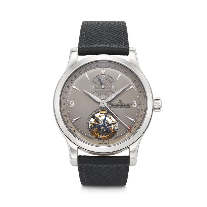 Jaeger-Lecoultre JAEGER-LECOULTRE. AN IMPRESSIVE AND HEAVY LIMITED EDITION SEMI-SKELETONIZED PLATINUM AUTOMATIC DUAL TIME TOURBILLON WRISTWATCH WITH POINTER DATE INDICATION, REF. Q1666520 / 177.6.34.S MASTER TOURBILLON MODEL, REF. Q1656450, MOVEMENT NO. 3'414'528, CASE NO. 2'395'579, NO. 7⁄300, CIRCA 2010s