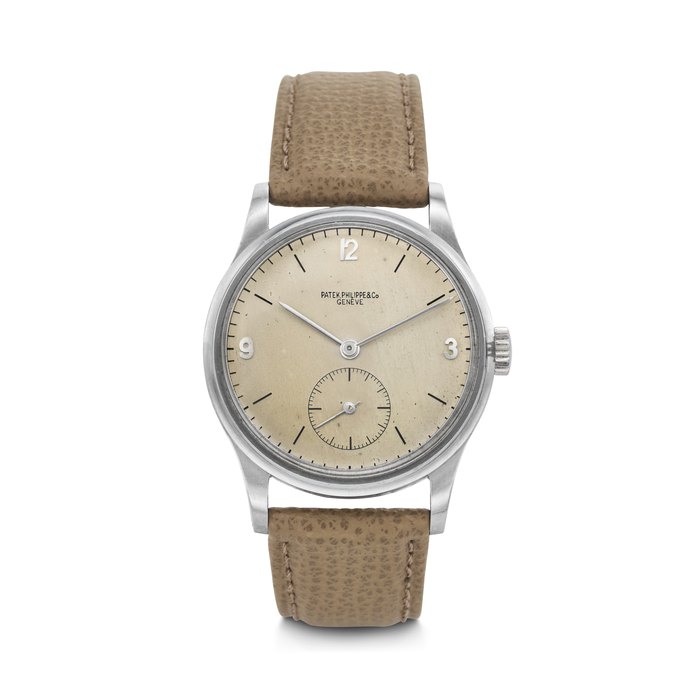PATEK PHILIPPE. A SUPREMELY RARE, COVETED AND LARGE STAINLESS STEEL WRISTWATCH WITH CONCAVE BEZEL CALATRAVA MODEL, REF. 530, MOVEMENT NO. 925'294, CASE NO. 508'652, 14, MANUFACTURED IN 1944
