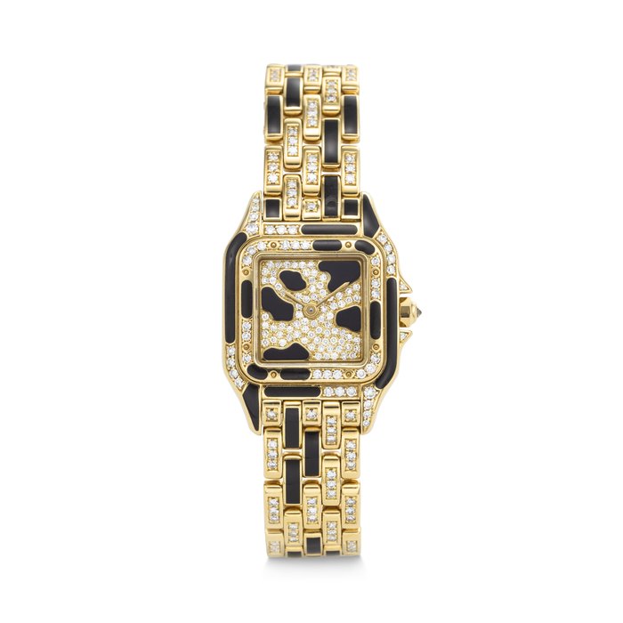 CARTIER. A VERY RARE AND UNUSUAL 18K GOLD, LACQUER AND DIAMOND-SET QUARTZ WRISTWATCH WITH BRACELET PANTHÈRE MODEL, REF. 8057915, CASE NO. 02551, CIRCA 1990s