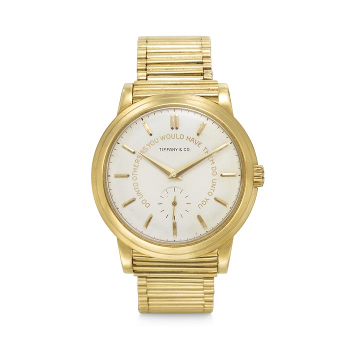 PATEK PHILIPPE. A HISTORICALLY IMPORTANT AND SUPREMELY RARE 18K GOLD AUTOMATIC WRISTWATCH WITH 'GOLDEN RULE' DIAL AND BRACELET, RETAILED BY TIFFANY & CO. FOR U.S. PRESIDENT LYNDON B. JOHNSON CALATRAVA 'DUO' MODEL, RETAILED BY TIFFANY & CO., REF. 2552, MOVEMENT NO. 763'936, CASE NO. 697'747, MANUFACTURED IN 1956