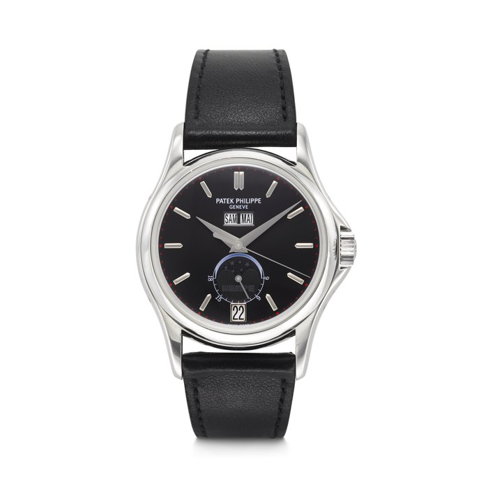 PATEK PHILIPPE. A VERY RARE AND HEAVY LIMITED EDITION PLATINUM AUTOMATIC ANNUAL CALENDAR WRISTWATCH WITH MOON PHASES AND SWEEP CENTER SECONDS, MADE TO COMMEMORATE THE 125TH ANNIVERSARY OF THE PARTNERSHIP BETWEEN WEMPE AND PATEK PHILIPPE ANNUAL CALENDAR MODEL, 'WEMPE 125TH ANNIVERSARY', REF. 5125P-001, MOVEMENT NO. 3'360'022, CASE NO. 4'215'633, NO. 54⁄100, CIRCA 2003