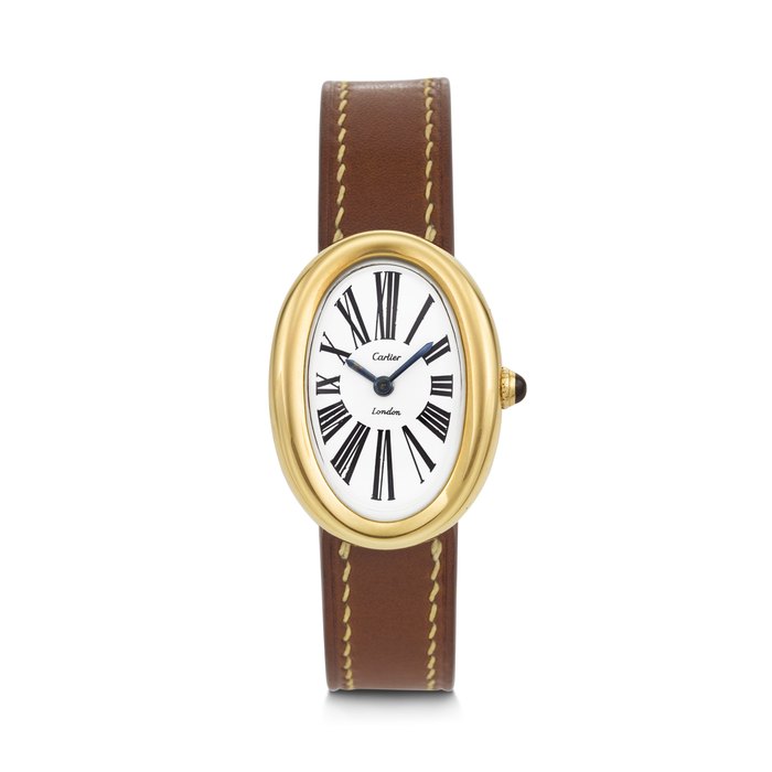 CARTIER. A HIGHLY DESIRABLE AND ATTRACTIVE 18K GOLD OVAL-SHAPED WRISTWATCH WITH 18K LONDON DEPLOYANT CLASP CARTIER LONDON BAIGNOIRE MODEL, JAEGER-LECOUTRE MOVEMENT NO. 1’795’476, CASE NO. 10070 WITH LONDON HALLMARKS FOR 1965, CLASP NO. 2060, 0903, 7632 WITH LONDON HALLMARKS