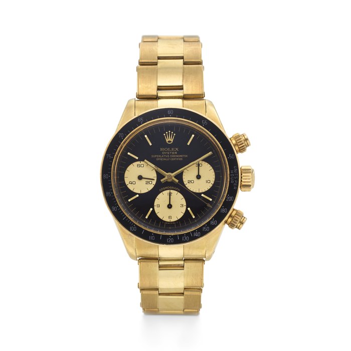 ROLEX. A HIGHLY ATTRACTIVE AND DESIRABLE 18K GOLD CHRONOGRAPH WRISTWATCH WITH BRACELET DAYTONA MODEL, REF. 6263, CASE NO. 7'426'689, CIRCA 1983