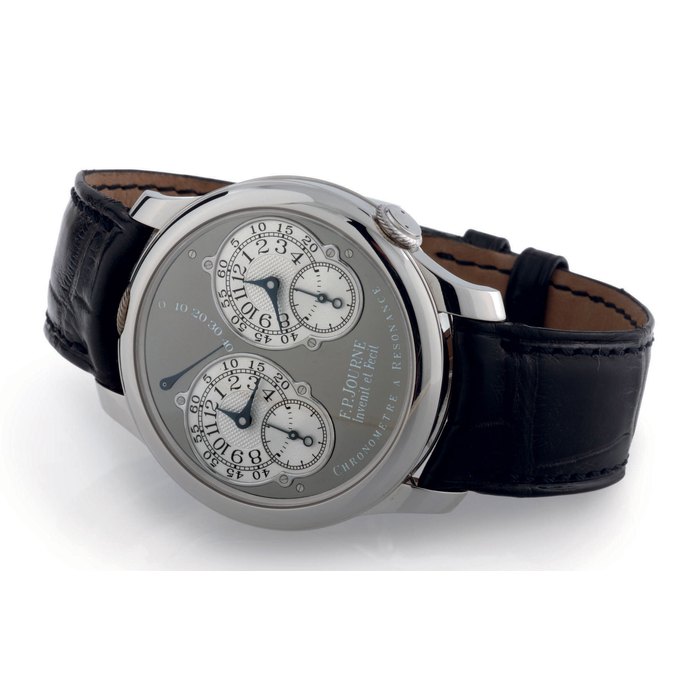 F.P. JOURNE. A FINE AND RARE PLATINUM DUAL TIME CHRONOMETER WRISTWATCH WITH RESONANCE-CONTROLLED TWIN INDEPENDENT GEAR-TRAIN MOVEMENT, POWER RESERVE, RUTHENIUM DIAL AND MOVEMENT SIGNED F.P. JOURNE, INVENIT ET FECIT, CHRONOMÈTRE À RÉSONANCE, NO. 34/99 01R, CIRCA 2002
