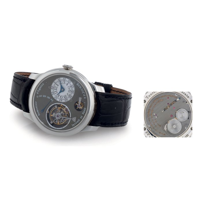 F.P. JOURNE. A FINE AND RARE LIMITED EDITION PLATINUM TOURBILLON WRISTWATCH WITH REMONTOIR, POWER RESERVE, RUTHENIUM DIAL AND MOVEMENT SIGNED F.P. JOURNE, INVENIT ET FECIT, REMONTOIR D'EGALITÉ, NO. 34/99-OIR, TOURBILLON SOUVERAIN, CIRCA 2002
