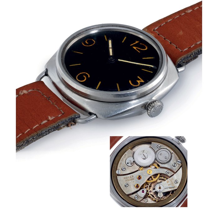 ROLEX MADE FOR OFFICINE PANERAI. AN EXTREMELY RARE AND FINE LARGE STAINLESS STEEL DIVER'S WRISTWATCH WITH BLACK DIAL SIGNED ROLEX S.A., REF. 3646, CASE NO. 1010345, CIRCA 1943