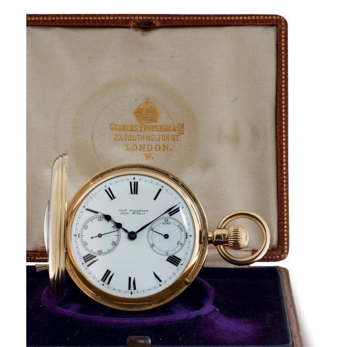 Charles Frodsham CHARLES FRODSHAM. A RARE 18K GOLD HALF HUNTER CASE POCKET CHRONOMETER WITH UP-AND-DOWN INDICATOR SIGNED CHA. FRODSHAM, 81 STRAND, LONDON, AD FMSZ, NO. 07501, 1887, Price & Market Data