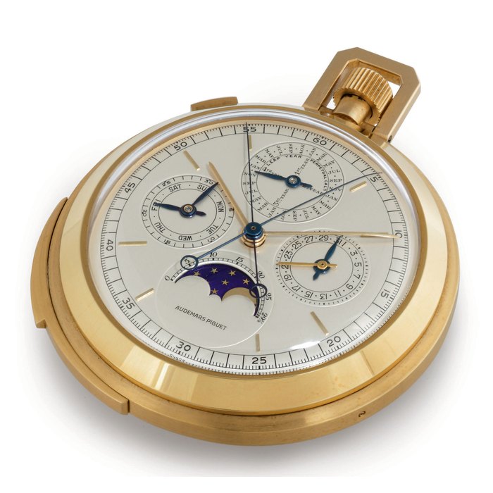 AUDEMARS PIGUET. A VERY FINE AND RARE 18K GOLD OPENFACE MINUTE REPEATING PERPETUAL CALENDAR SPLIT SECONDS CHRONOGRAPH KEYLESS LEVER WATCH SIGNED AUDEMARS PIGUET, NO. 12535, REF. 5543, CIRCA 1925/1950