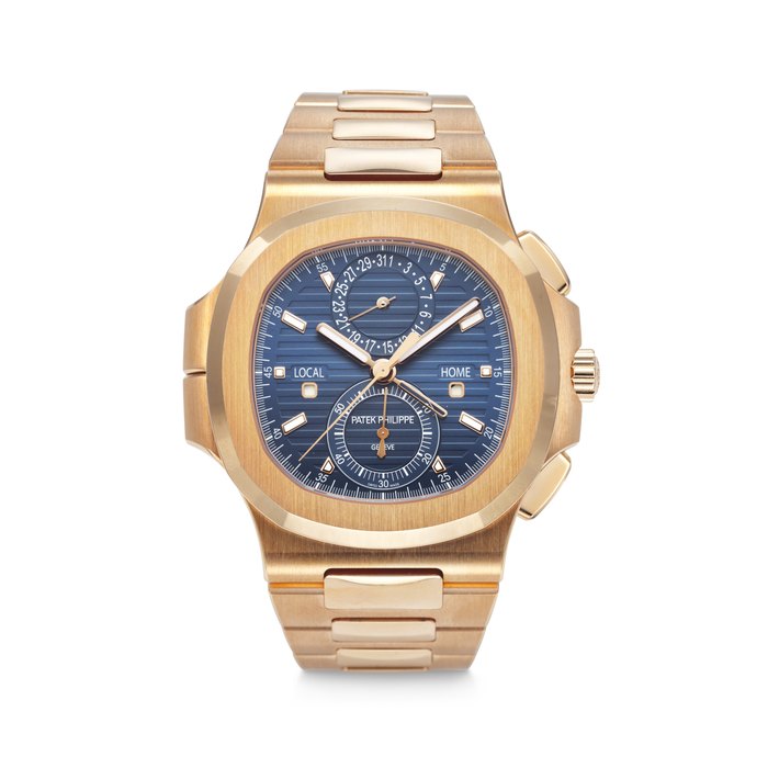PATEK PHILIPPE. A VERY RARE AND SOUGHT-AFTER 18K PINK GOLD AUTOMATIC FLYBACK CHRONOGRAPH DUAL TIME WRISTWATCH WITH DATE, DAY/NIGHT INDICATOR AND BRACELET SIGNED PATEK PHILIPPE, NAUTILUS MODEL, REF. 5990/1R-001, MOVEMENT NO. 7'482'823, CASE NO. 6'486'414, CIRCA 2022