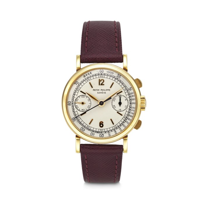PATEK PHILPPE. AN EXTREMELY RARE AND ATTRACTIVE 18K GOLD CHRONOGRAPH WRISTWATCH WITH TACHYMETRE DIAL SIGNED PATEK PHILIPPE, REF. 591, MOVEMENT NO. 862'596, CASE NO. 623'278, MANUFACTURED IN 1941