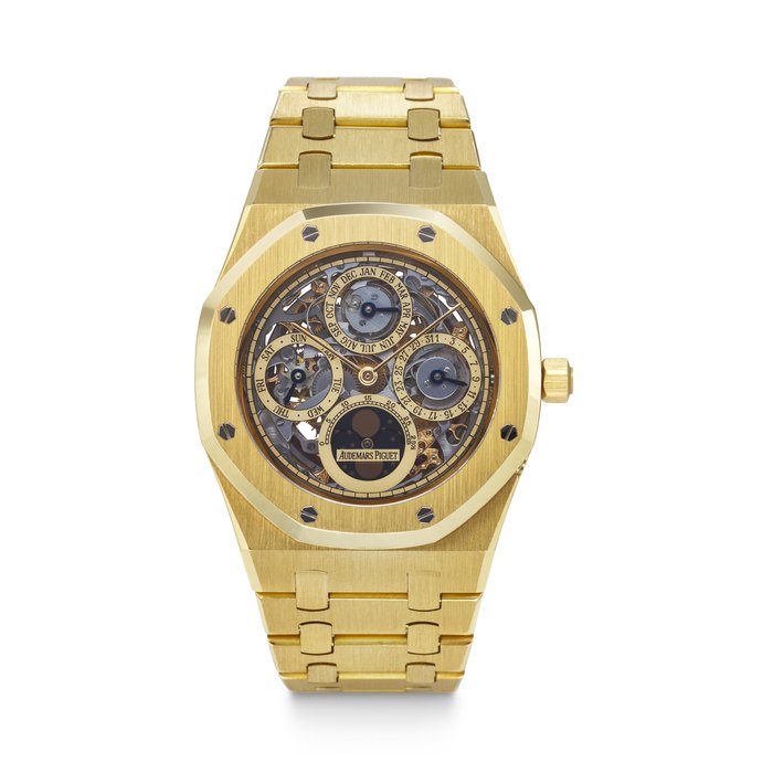 AUDEMARS PIGUET. A VERY RARE AND HIGHLY ATTRACTIVE 18K GOLD AUTOMATIC SKELETONIZED PERPETUAL CALENDAR WRISTWATCH WITH MOON PHASES AND BRACELET SIGNED AUDEMARS PIGUET, ROYAL OAK QUANTIEME PERPETUAL MODEL, REF. 25636BA, CASE NO. C46165, NO. 37, CIRCA 1980s