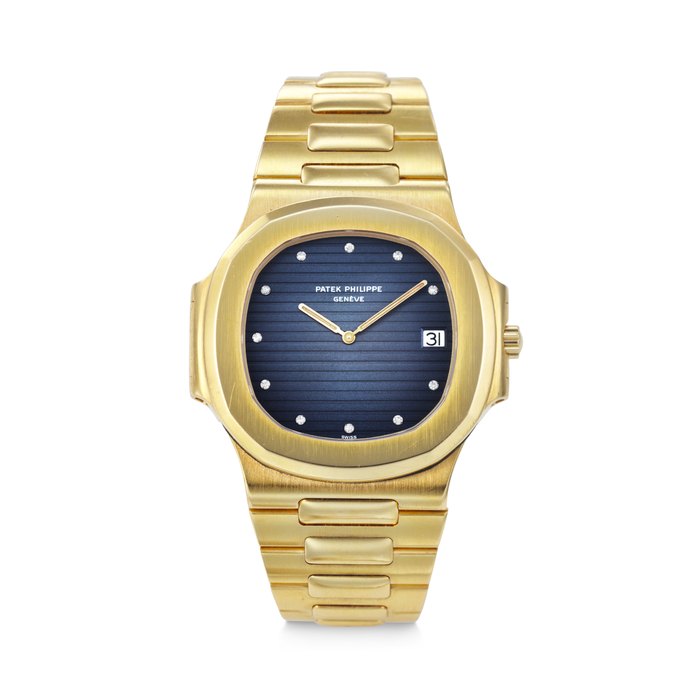 PATEK PHILIPPE. A VERY RARE AND ICONIC 18K GOLD AND DIAMOND-SET AUTOMATIC WRISTWATCH WITH DATE AND BRACELET SIGNED PATEK PHILIPPE, NAUTILUS MODEL, REF. 3700⁄11, MOVEMENT NO. 1'309'754, CASE NO. 2'818'759, MANUFACTURED IN 1984