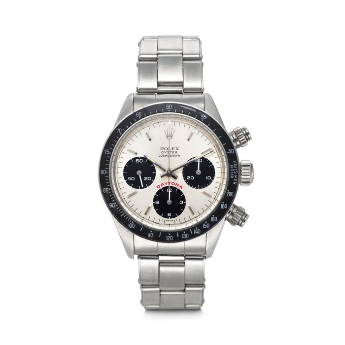 ROLEX. A RARE AND ICONIC STAINLESS STEEL CHRONOGRAPH WRISTWATCH WITH BRACELET SIGNED ROLEX, DAYTONA 'BIG RED' MODEL, REF. 6263, CASE NO. 3'731'564, CIRCA 1974