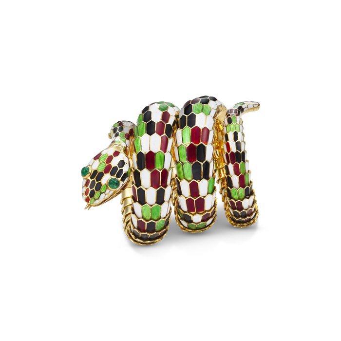 Bulgari BULGARI. AN EXQUISITE AND EXTREMELY RARE 18K GOLD, MULTI-COLOR ENAMEL AND EMERALD-SET BRACELET WATCH WITH CONCEALED DIAL, CASE AND MOVEMENT BY VACHERON CONSTANTIN SIGNED BULGARI, VACHERON CONSTANTIN, SERPENTI SCAGLIE MODEL, REF. 7728, MOVEMENT NO. 630'796, CASE NO. 436'358, MANUFACTURED IN 1970