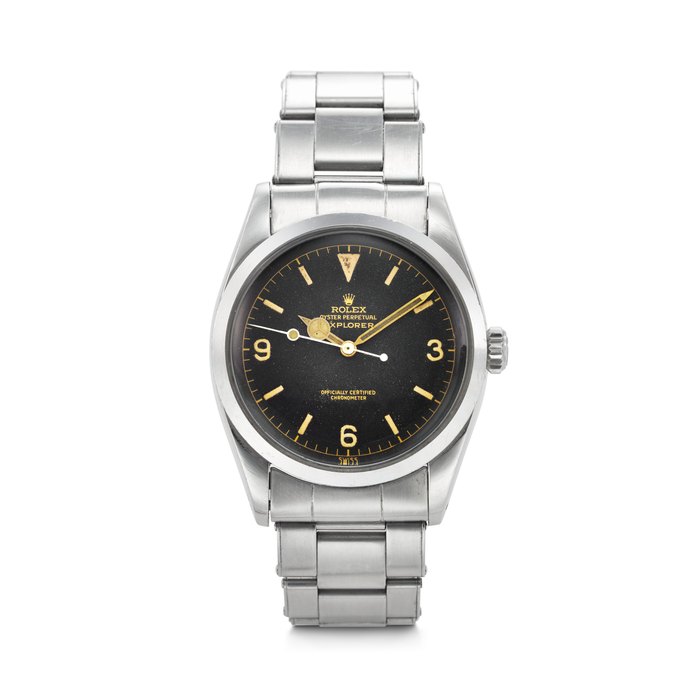 ROLEX. A HISTORICALLY NOTABLE AND WELL-PRESERVED STAINLESS STEEL AUTOMATIC WRISTWATCH WITH SWEEP CENTRE SECONDS, BLACK 'GILT' DIAL AND BRACELET SIGNED ROLEX, EXPLORER MODEL, REF. 6610, MOVEMENT NO. 814'532, CASE NO. 360'339, CIRCA 1958