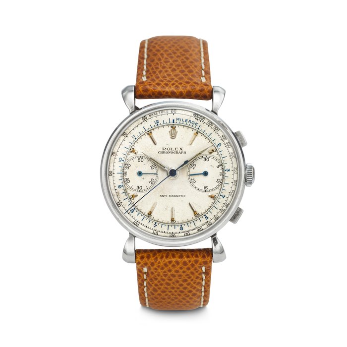 ROLEX. A VERY EARLY STAINLESS STEEL CHRONOGRAPH WRISTWATCH WITH FANCY LUGS SIGNED ROLEX, ANTI-MAGNETIC CHRONOGRAPH MODEL, REF. 4099, CASE NO. 583'074, CIRCA 1947