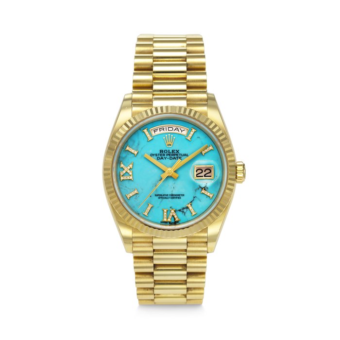 Rolex ROLEX, EXTREMELY ATTRACTIVE AND STRIKING YELLOW GOLD 'DAY-DATE' WITH DIAMOND-SET TURQUOISE DIAL, REF. 128238, Price & Market Data