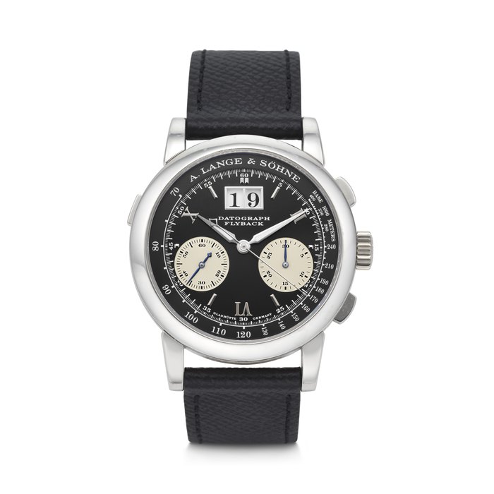 A. LANGE & SÖHNE. A RARE AND IMPRESSIVE PLATINUM FLYBACK CHRONOGRAPH WRISTWATCH WITH OUTSIZED DATE DATOGRAPH MODEL, REF. 403.035, MOVEMENT NO. 33'943, CASE NO. 143'855, CIRCA 2000s