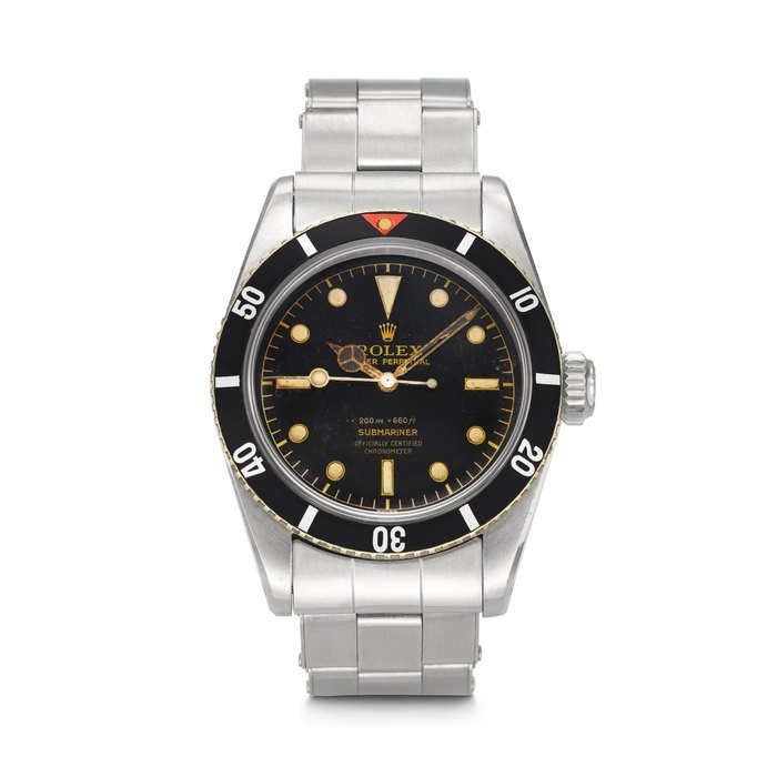 Rolex ROLEX. AN EXTREMELY WELL-PRESERVED AND COVETED STAINLESS STEEL AUTOMATIC WRISTWATCH WITH SWEEP CENTER SECONDS, BRACELET, AND BLACK GILT '4-LINE' DIAL SUBMARINER 'BIG CROWN' MODEL, REF. 6538, CASE NO. 307'278, CIRCA 1957
