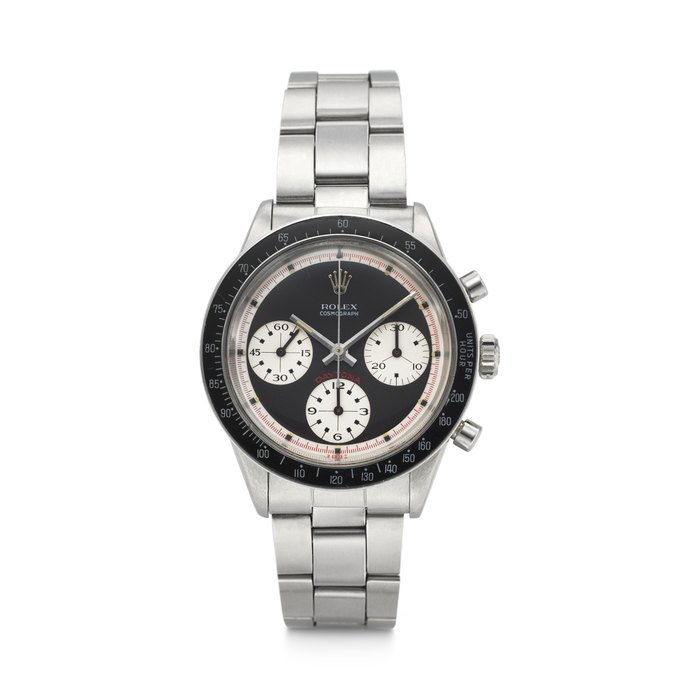 ROLEX. A HIGHLY RARE AND DESIRABLE STAINLESS STEEL CHRONOGRAPH WRISTWATCH WITH 'PAUL NEWMAN' DIAL AND BRACELET DAYTONA 'PAUL NEWMAN' MODEL, REF. 6241, CASE NO. 2'036'653, CIRCA 1969