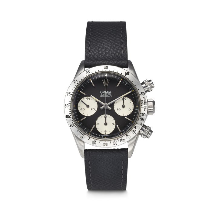 Rolex ROLEX. AN ATTRACTIVE AND EARLY STAINLESS STEEL CHRONOGRAPH WRISTWATCH WITH BLACK DIAL DAYTONA MODEL, REF. 6265, CASE NO. 2’788’279, CIRCA 1971 · 6265