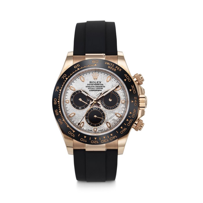 ROLEX. A SPORTY AND RARE 18K PINK GOLD AND CERAMIC AUTOMATIC CHRONOGRAPH WRISTWATCH WITH METEORITE DIAL DAYTONA METEORITE MODEL, REF. 116515LN, CASE NO. 71J25415, CIRCA 2023