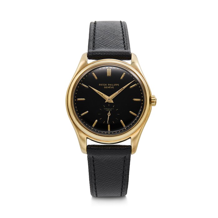 PATEK PHILIPPE, RETAILED BY SERPICO Y LAINO. THE ONLY KNOWN, HISTORICALLY IMPORTANT, AND EXTREMELY ATTRACTIVE 18K GOLD AUTOMATIC WRISTWATCH WITH BLACK ENAMEL LUMINIOUS DIAL CALATRAVA MODEL, REF. 2526 BLACK DIAL, MOVEMENT NO. 761'199, CASE NO. 684'507, MANUFACTURED IN 1954