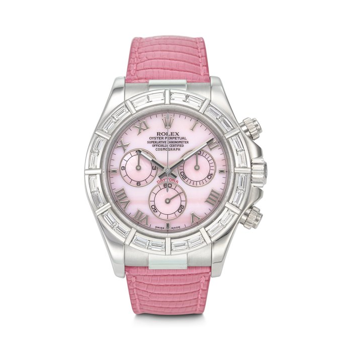 ROLEX. AN EXTREMELY RARE, VIBRANT AND ATTRACTIVE 18K WHITE GOLD AND BAGUETTE DIAMOND-SET AUTOMATIC CHRONOGRAPH WRISTWATCH WITH MOTHER OF PEARL DIAL DAYTONA 'BEACH' MOTHER OF PEARL MODEL, REF. 116589, CASE NO. D802350, CIRCA 2005