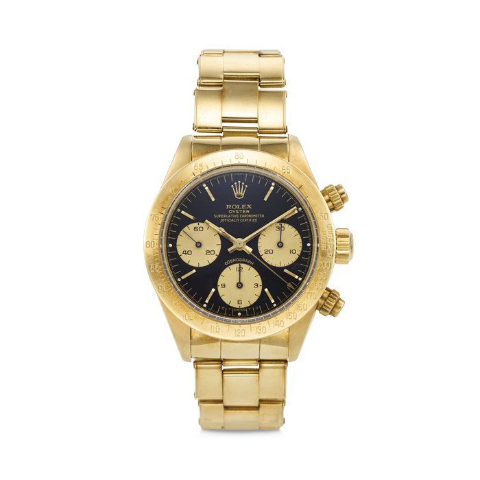 Rolex ROLEX. A RARE AND ATTRACTIVE 18K GOLD CHRONOGRAPH WRISTWATCH WITH BRACELET DAYTONA MODEL, REF. 6265, CASE NO. 5’953’794, CIRCA 1979 · 6265