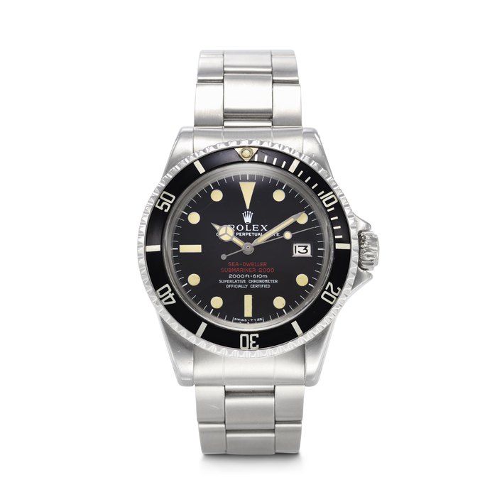 ROLEX. A SUPREMELY RARE AND EARLY STAINLESS STEEL 'PATENT PENDING' AUTOMATIC WRISTWATCH WITH DATE, SWEEP CENTER SECONDS, AND BRACELET 'PATENT PENDING DOUBLE RED' SEA-DWELLER SUBMARINER 2000 MODEL, REF. 1665, CASE NO. 2'247'937, INSIDE CASEBACK NO. 937, CIRCA 1969