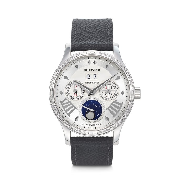 CHOPARD. AN OPULENT AND STRIKING 18K WHITE GOLD AND BAGUETTE DIAMOND-SET LIMITED EDITION AUTOMATIC PERPETUAL CALENDAR WRISTWATCH WITH 18K WHITE GOLD, ONYX, AND DIAMOND-SET SIGNET RING, CUFFLINKS, NECKLACE, AND PEN L.U.C. LUNAR ONE MODEL, REF. 171894-1002, MOVEMENT NO. 118'013, CASE NO. 1'711'979, NO. 19⁄100, CIRCA 2018