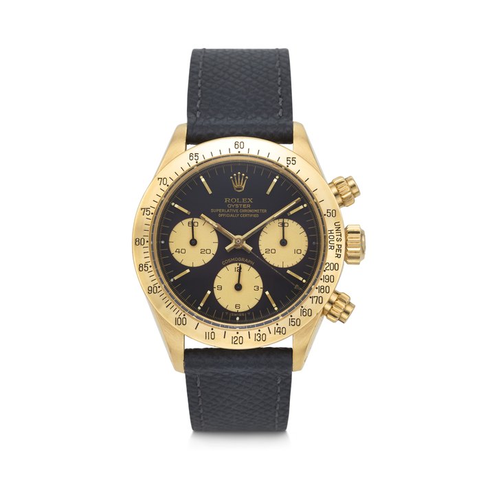 ROLEX. A VERY ATTRACTIVE AND COVETED 18K GOLD CHRONOGRAPH WRISTWATCH DAYTONA MODEL, REF. 6265, CASE NO. 6'121'130, CIRCA 1979