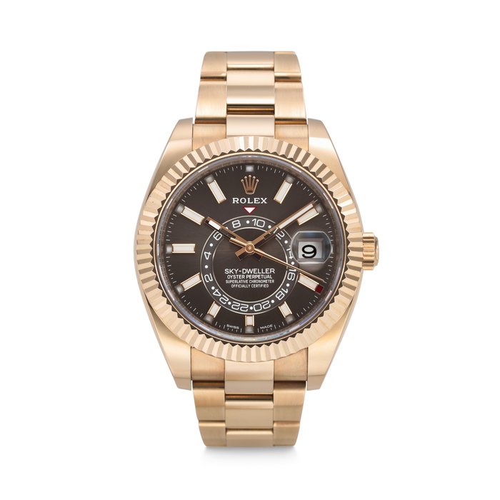 ROLEX. AN ATTRACTIVE AND HEAVY 18K PINK GOLD AUTOMATIC ANNUAL CALENDAR DUAL TIME WRISTWATCH WITH SWEEP CENTER SECONDS AND BRACELET SKY-DWELLER MODEL, REF. 326935, CASE NO. 2X64C471, CIRCA 2018