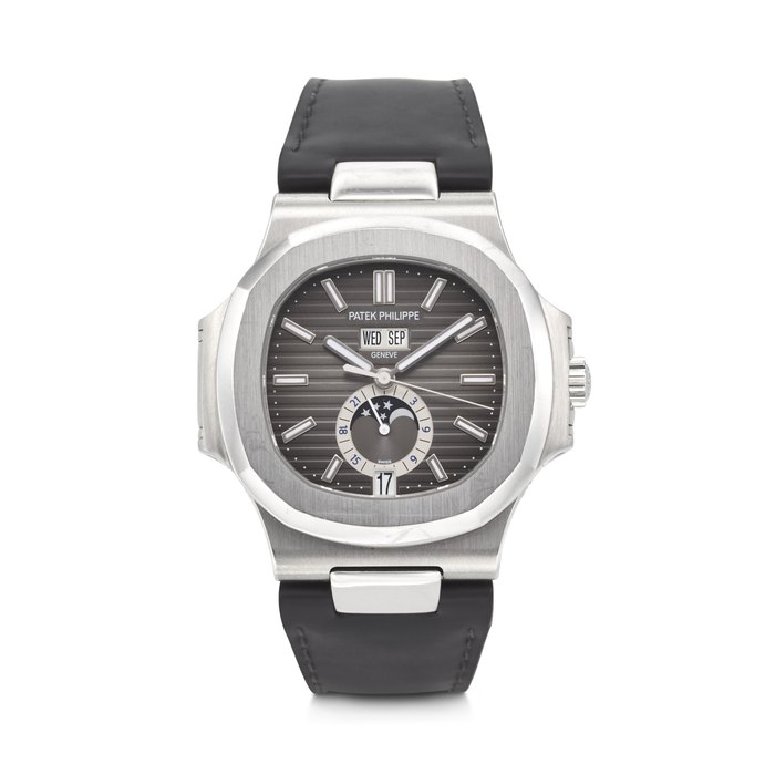 PATEK PHILIPPE. AN ATTRACTIVE STAINLESS STEEL AUTOMATIC ANNUAL CALENDAR WRISTWATCH WITH SWEEP CENTER SECONDS, MOON PHASES, AND 24-HOUR INDICATION NAUTILUS ANNUAL CALENDAR MODEL, REF. 5726A-001, MOVEMENT NO. 5'611'280, CASE NO. 4'753'585, CIRCA 2010s