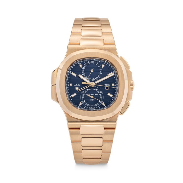 PATEK PHILIPPE. AN 18K PINK GOLD AUTOMATIC FLYBACK CHRONOGRAPH DUAL TIME WRISTWATCH WITH DATE, DUAL DAY/NIGHT INDICATION AND BRACELET NAUTILUS MODEL, REF. 5990/1R-001, MOVEMENT NO. 7’392’943, CASE NO. 6’416’983, CIRCA 2021