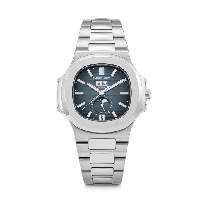 PATEK PHILIPPE. A STAINLESS STEEL AUTOMATIC ANNUAL CALENDAR WRISTWATCH WITH SWEEP CENTRE SECONDS, MOON PHASES, 24 HOUR INDICATION AND BRACELET NAUTILUS MODEL, REF. 5726/1A-014, MOVEMENT NO. 7’307’605, CASE NO. 6’405’170, CIRCA 2020