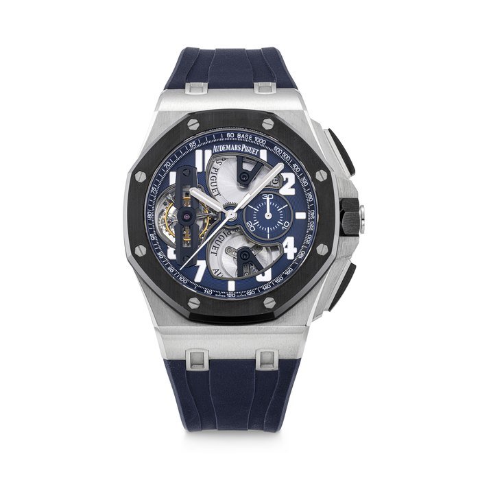 Audemars Piguet AUDEMARS PIGUET. AN ATTRACTIVE PLATINUM AND CERAMIC SEMI-SKELETONISED TOURBILLON CHRONOGRAPH WRISTWATCH ROYAL OAK OFFSHORE MODEL, REF. 26388PO, CASE NO. I88687 AND 0091, CIRCA 2016
