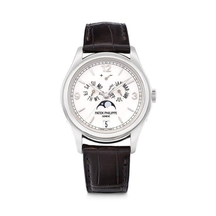 PATEK PHILIPPE. AN 18K WHITE GOLD AUTOMATIC ANNUAL CALENDAR WRISTWATCH WITH SWEEP CENTRE SECONDS, MOON PHASES AND POWER RESERVE REF. 5146G-001, MOVEMENT NO. 7'157'863, CASE NO. 6'266'936, CIRCA 2018