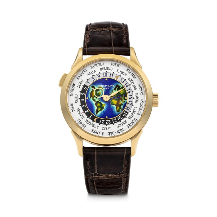 PATEK PHILIPPE. A RARE 18K GOLD AUTOMATIC WORLD TIME WRISTWATCH WITH CLOISONNÉ ENAMEL DIAL REF. 5231J-001, MOVEMENT NO. 7'373'810, CASE NO. 6'419'700, CIRCA 2022