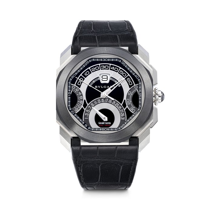 BULGARI. A STAINLESS STEEL AND BLACK CERAMIC AUTOMATIC CHRONOGRAPH WRISTWATCH WITH SWEEP CENTRE SECONDS, JUMP HOUR, RETROGRADE MINUTES AND DATE OCTO QUADRI-RETRO CHRONOGRAPH MODEL, REF. BGO 45 SC CHQR, CASE NO. Q0559, CIRCA 2015