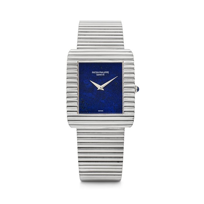 PATEK PHILIPPE. AN 18K WHITE GOLD BRACELET WATCH WITH LAPIS LAZULI DIAL REF. 3733⁄1, MOVEMENT NO. 1'332'287, CASE NO. 2'786'070, MANUFACTURED IN 1986