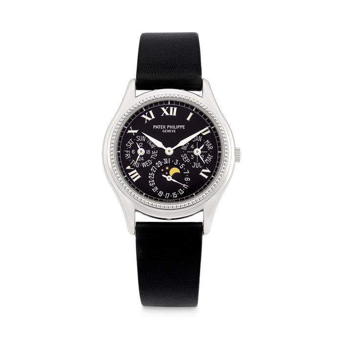 PATEK PHILIPPE. AN 18K WHITE GOLD AUTOMATIC WRISTWATCH WITH PERPETUAL CALENDAR, MOON PHASES, LEAP YEAR AND 24-HOUR INDICATION REF. 5038G, MOVEMENT NO. 775'903, CASE NO. 4'004'861, CIRCA 1996