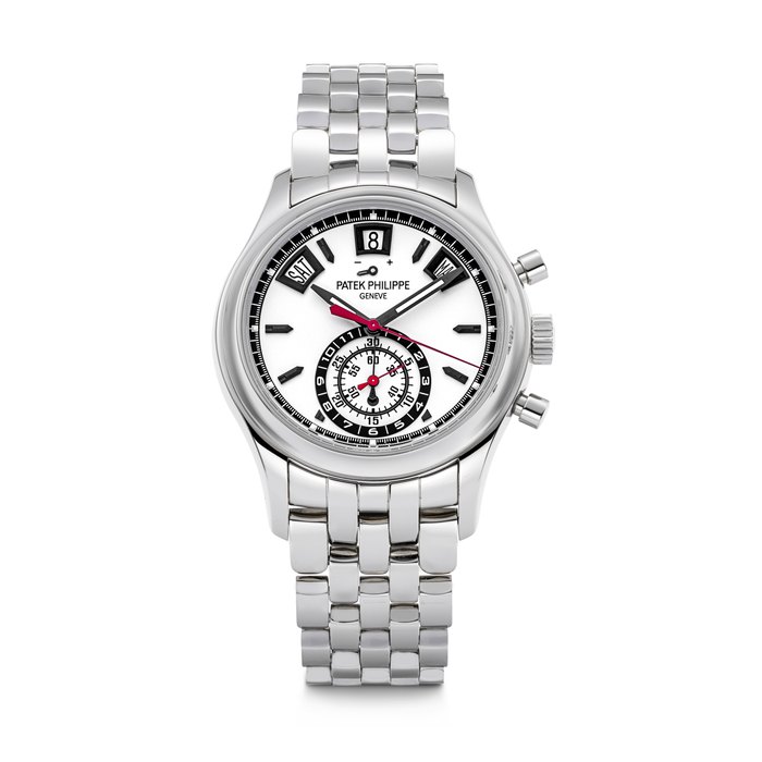 PATEK PHILIPPE. AN ATTRACTIVE STAINLESS STEEL AUTOMATIC ANNUAL CALENDAR FLYBACK CHRONOGRAPH WRISTWATCH WITH POWER RESERVE, DAY/NIGHT INDICATOR AND BRACELET REF. 5960/1A-001, MOVEMENT NO. 5'889'333, CASE NO. 6'033'131, CIRCA 2017