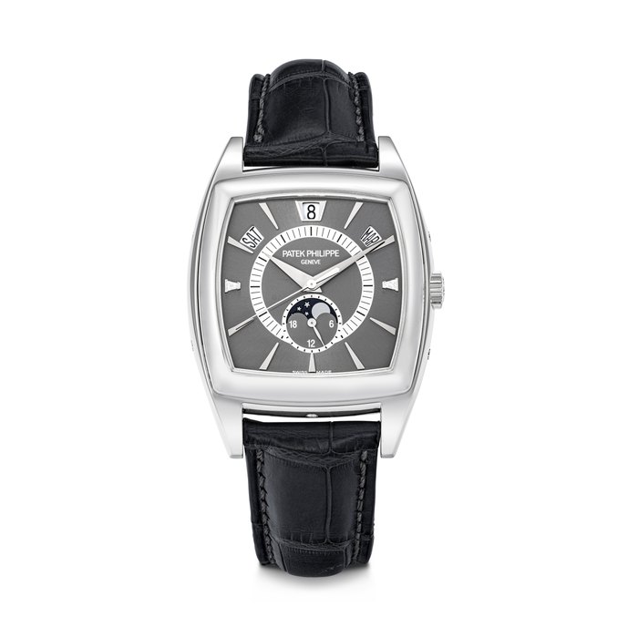 PATEK PHILIPPE. A PLATINUM AND DIAMOND-SET AUTOMATIC ANNUAL CALENDAR WRISTWATCH WITH SWEEP CENTRE SECONDS, 24 HOUR INDICATION AND MOON PHASES REF. 5135P-001, MOVEMENT NO. 3'650'397, CASE NO. 4'432'939, CIRCA 2008