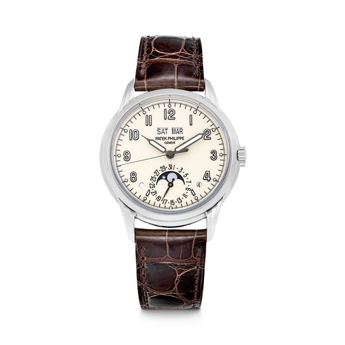 PATEK PHILIPPE. AN 18K WHITE GOLD AUTOMATIC PERPETUAL CALENDAR WRISTWATCH WITH SWEEP CENTRE SECONDS, MOON PHASES, LEAP YEAR AND DAY/NIGHT INDICATION REF. 5320G-001, MOVEMENT NO. 7'118'593, CASE NO. 6'212'338, CIRCA 2017