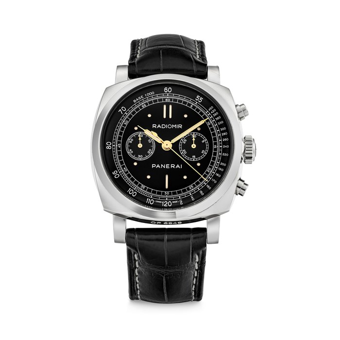 PANERAI. A RARE 18K WHITE GOLD CHRONOGRAPH WRISTWATCH WITH MINERVA-BASED MOVEMENT RADIOMIR 1940 CHRONOGRAPH ORO BIANCO MODEL, REF. PAM00520, CASE NO. BB1667291 AND 21⁄100, CIRCA 2014