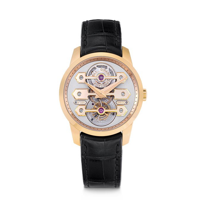 GIRARD PERREGAUX. AN 18K PINK GOLD AUTOMATIC SEMI-SKELETONISED TOURBILLON WRISTWATCH WITH THREE GOLD BRIDGES REF. 99285, CASE NO. 26