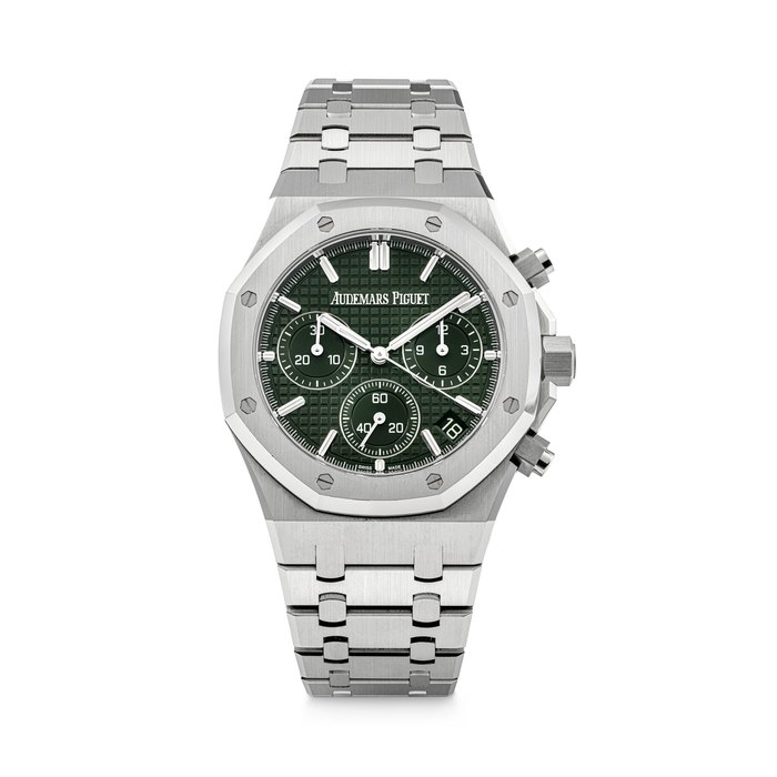 AUDEMARS PIGUET. AN ATTRACTIVE AND RARE STAINLESS STEEL AUTOMATIC FLYBACK CHRONOGRAPH WRISTWATCH WITH DATE AND BRACELET, FEATURING THE ROYAL OAK 50TH ANNIVERSARY ROTOR ROYAL OAK CHRONOGRAPH "50TH ANNIVERSARY", REF. 26240ST, CASE NO. JL5311J, CIRCA 2022