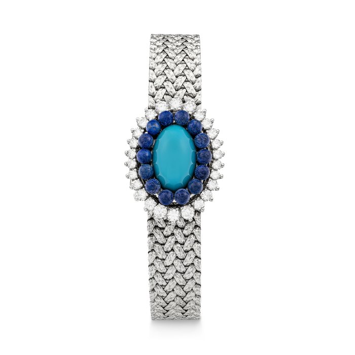 PIAGET. AN ATTRACTIVE 18K WHITE GOLD, TURQUOISE, LAPIS LAZULI AND DIAMOND-SET BRACELET WATCH, ONE OF TWO MADE REF. 3784D2, CASE NO. 187'571, MANUFACTURED IN 1970