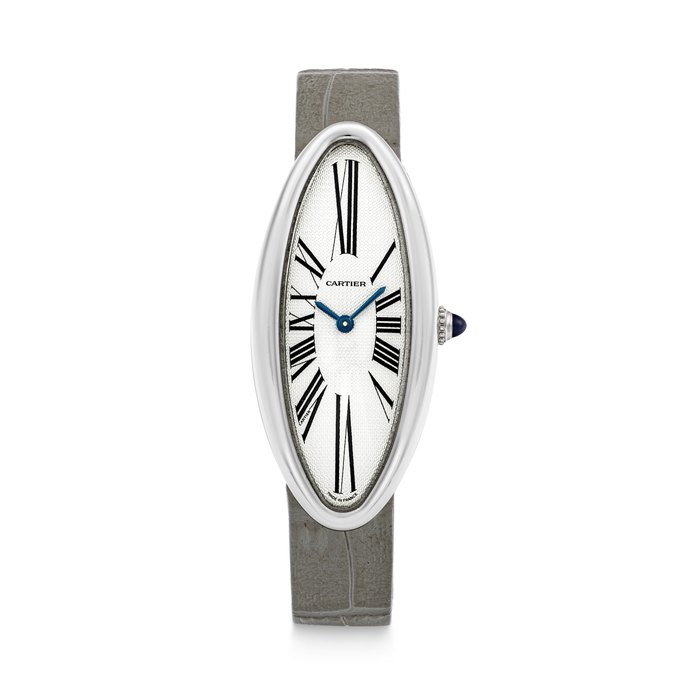 CARTIER. AN ELEGANT 18K WHITE GOLD OVAL WRISTWATCH BAIGNOIRE ALLONGÉE MODEL, CASE NO. 124553AF, CIRCA 2005